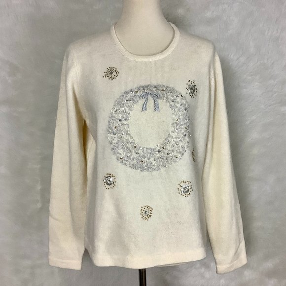 Orvis Ivory Wool & Angora Christmas Wreath Snowflake Sweater M - Picture 1 of 6